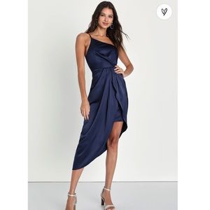 NWT Lulus Law of Attraction Navy Blue One-Shoulder Asymmetrical Midi Dress